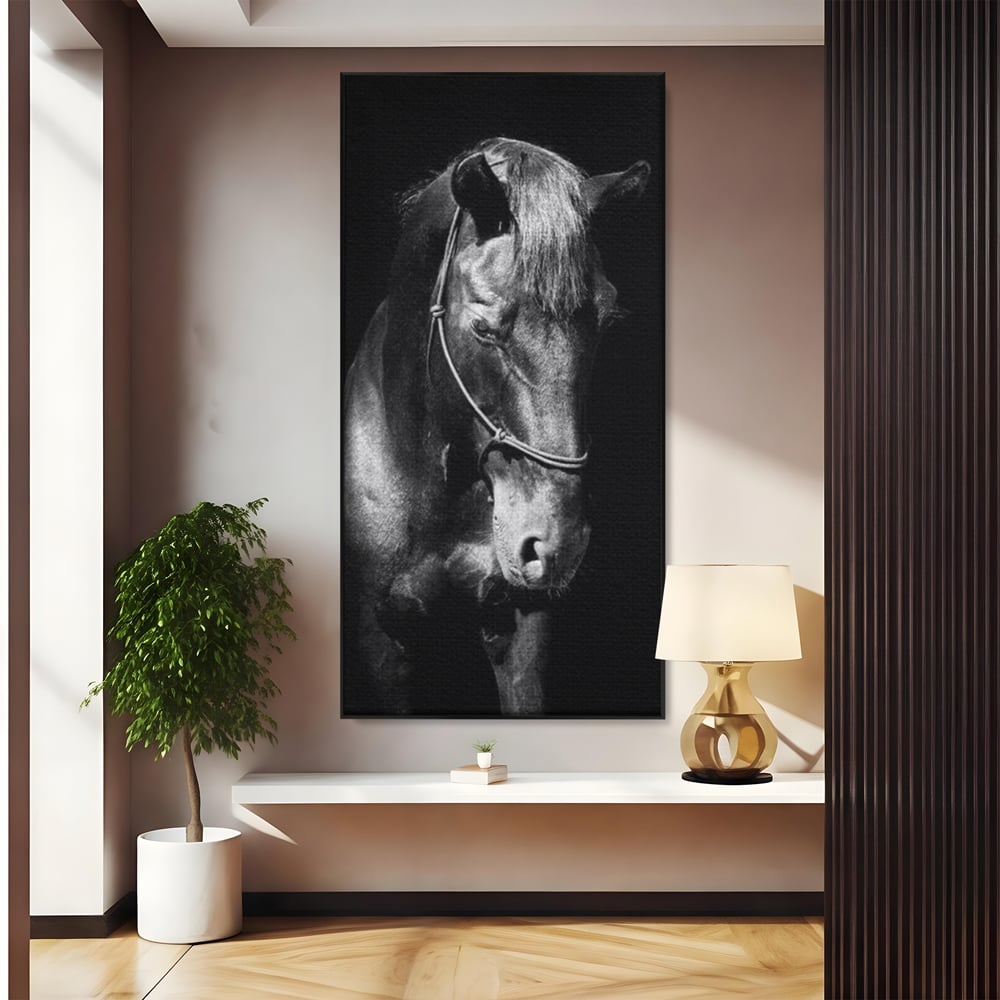 Tablou canvas cu tablou canvas cu un cal negru, in rama de aluminiu negru